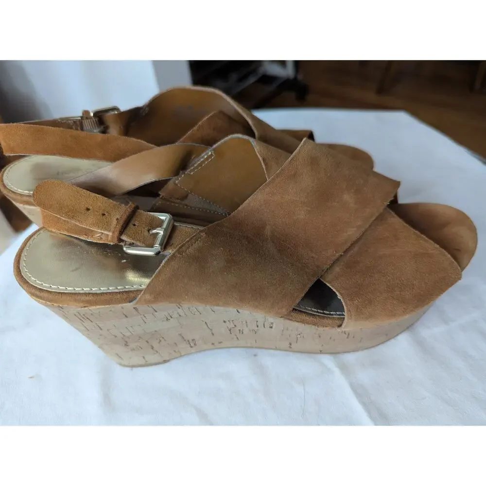 Marc Fisher Brown Suede Cork Wedge‎ Sandals Women's Size 8 Open Toe Ankle Strap